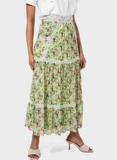 Lace Trim Floral Printed Midi Skirt Multicolour