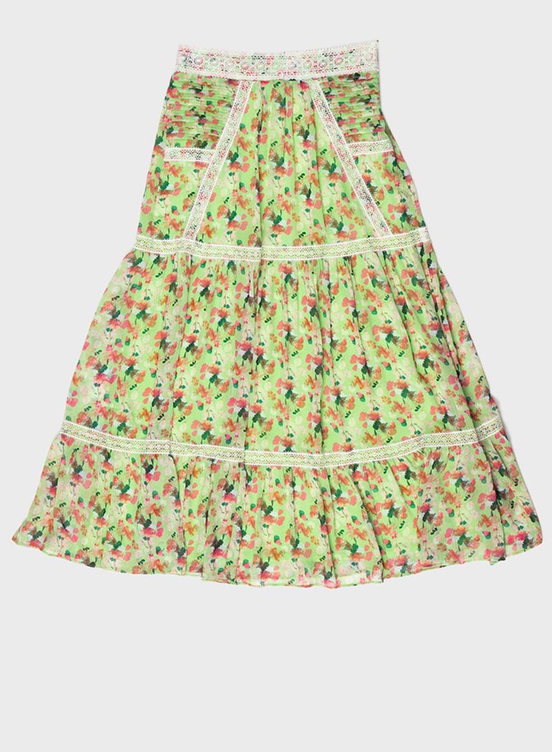RINA - Lace Trim Floral Printed Midi Skirt Multicolour - Image 1