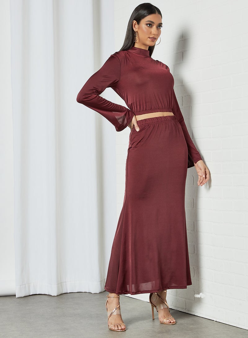 SIVVI for HANIYA High Neck Crop Top and Skirt Set Maroon  - Image 1