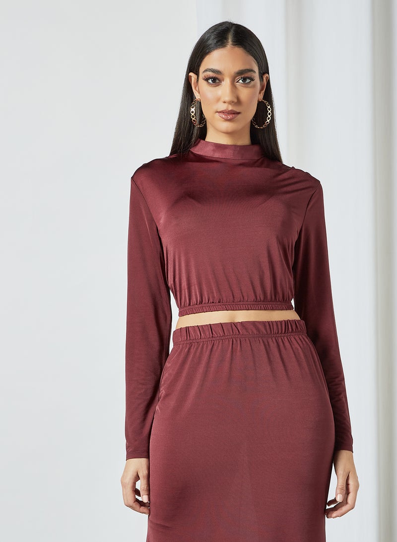 SIVVI for HANIYA High Neck Crop Top and Skirt Set Maroon  - Image 2