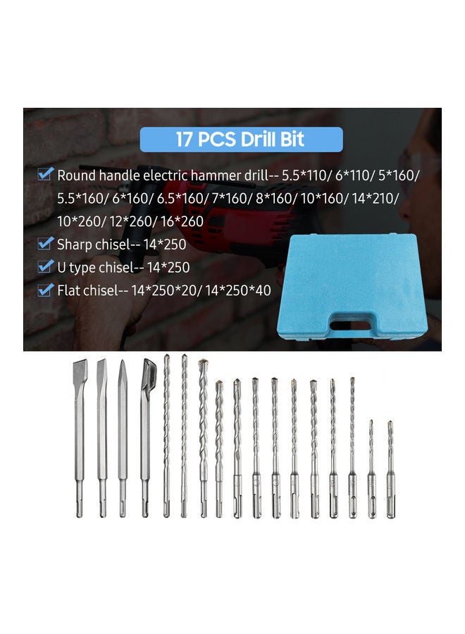 17-Piece Rotary Hammer Drill Bits with Storage Case Blue/Silver 29.50 X 5.50 X 23.00cm - Image 3