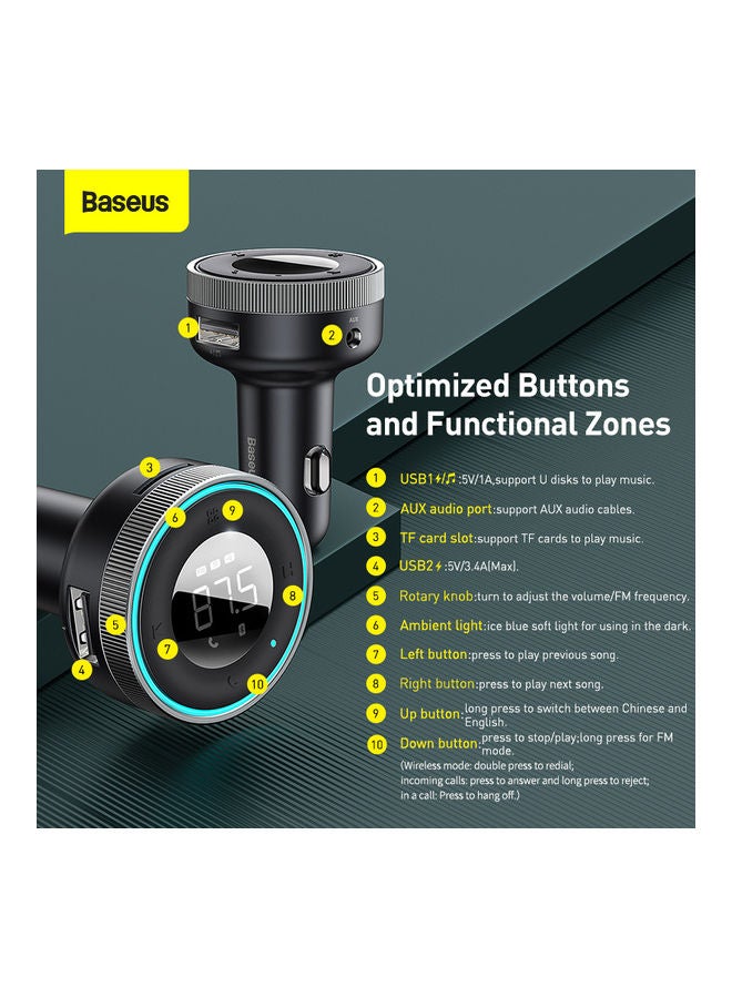 Baseus - Bluetooth FM Transmitter 5.0 Car Wireless MP3 Charger 5V/3.4A Dual USB Adapter with LED Digital Display Multi-functional Ports Car Kit Built-in Mic Support Hands-Free Calls, AUX TF Card Flash Drive - Image 1