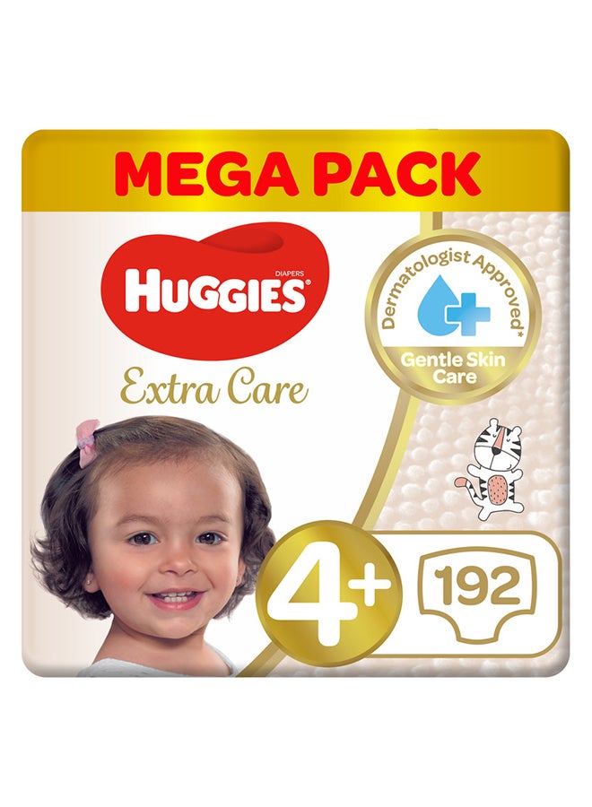 HUGGIES Extra Care Baby Diapers, Size 4+, 10 - 16 Kg, 192 Count (64 x 3) - Mega Pack, Gental Skin Care, Breathable Material