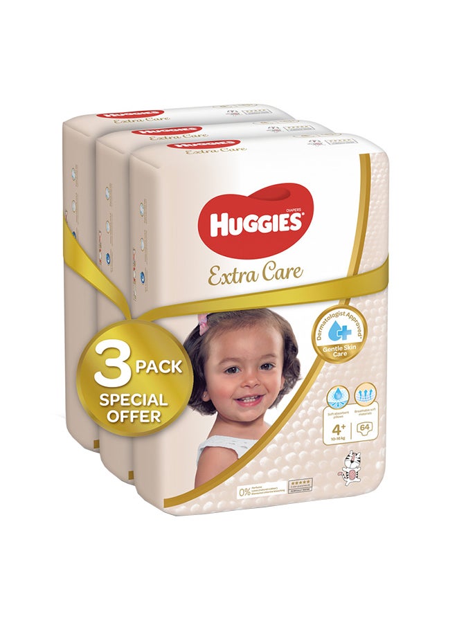 Huggies - Extra Care Baby Diapers, Size 4+, 10 - 16 Kg, 192 Count (64 x 3) - Mega Pack, Gental Skin Care, Breathable Material - Image 1