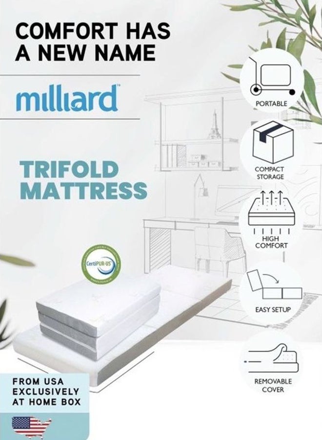 Milliard Single Tri-Fold Mattress With Washable Cover White 190x63x10cm - Image 2