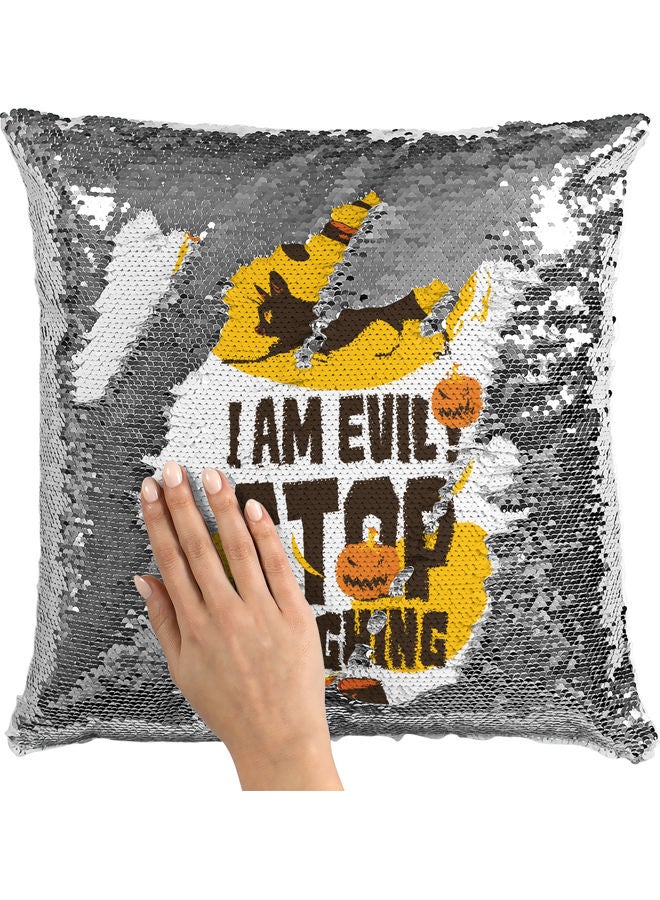 وسادة زينة مزينة بالترتر مطبوع عليها عبارة "I Am Evil" أبيض/ أصفر/ فضي 40x40سم - Image 2