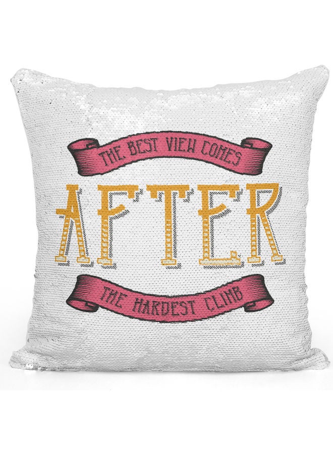 Best View Quote Themed Sequin Decorative Throw Pillow White/Pink/Silver 40x40cm - Image 1