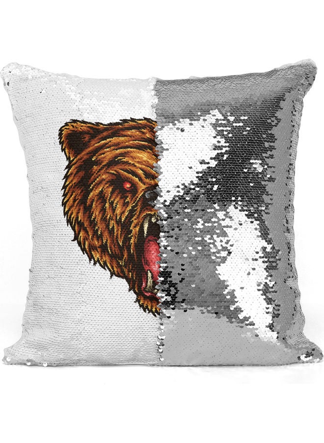 Bear Roar Themed Sequin Decorative Throw Pillow White/Brown/Silver - Image 3