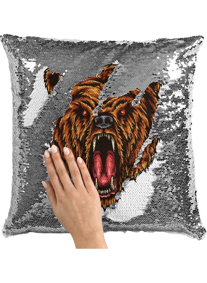 Bear Roar Themed Sequin Decorative Throw Pillow White/Brown/Silver - Image 2