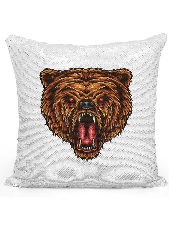 Bear Roar Themed Sequin Decorative Throw Pillow White/Brown/Silver - Image 1