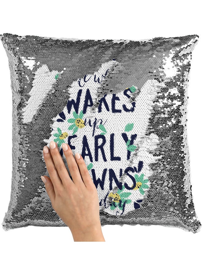 Waking Up Early Quote Themed Sequin  Decorative Throw Pillow White/Silver/Black 40x40cm - Image 2