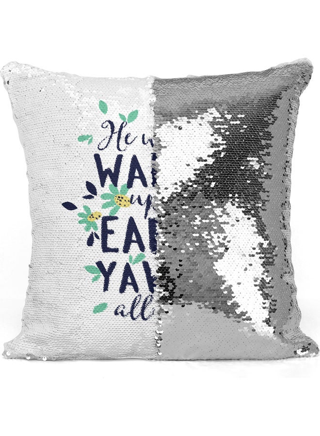 Waking Up Early Quote Themed Sequin  Decorative Throw Pillow White/Silver/Black 40x40cm - Image 3