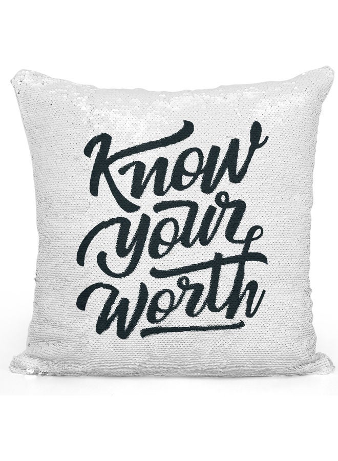 Know Your Worth Themed Sequin Decorative Throw Pillow White/Black/Silver 40x40cm - Image 1