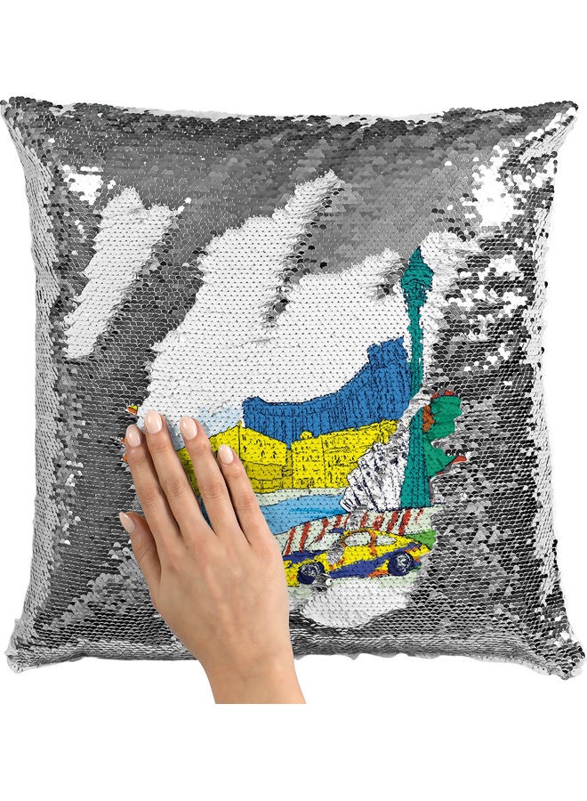 Macau Themed Sequin Decorative Throw Pillow White/Blue/Silver 40x40cm - Image 2