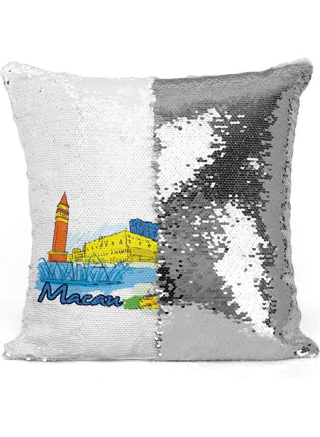 Macau Themed Sequin Decorative Throw Pillow White/Blue/Silver 40x40cm - Image 3