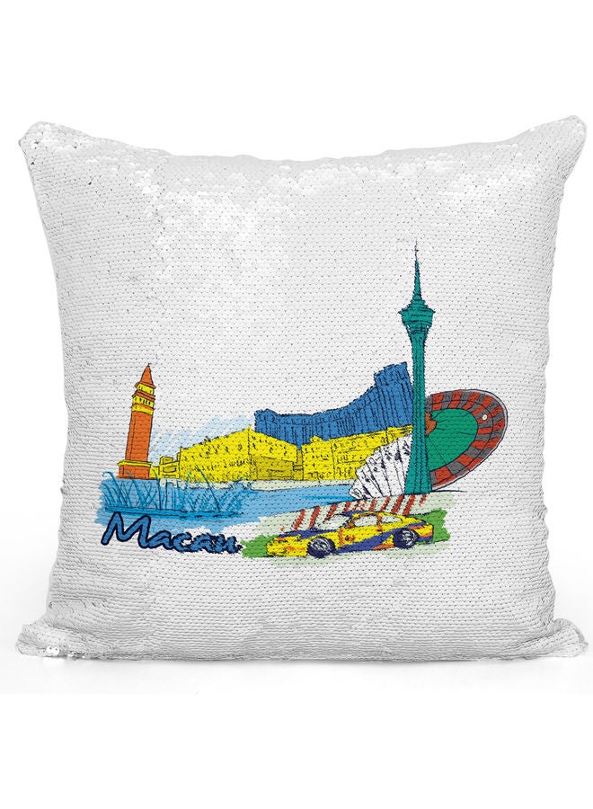 Macau Themed Sequin Decorative Throw Pillow White/Blue/Silver 40x40cm - Image 1