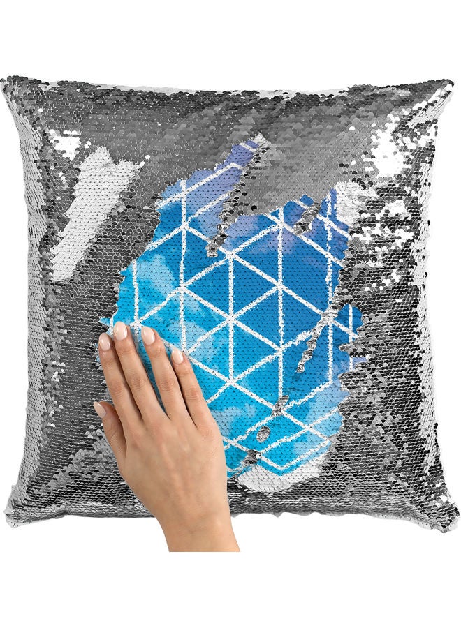 وسادة زينة مزينة بالترتر بتصميم هندسي أبيض/ فضي/ أزرق 40x40سم - Image 2