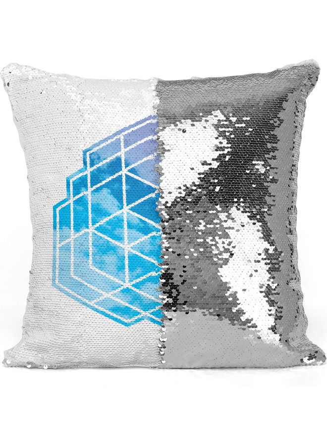 وسادة زينة مزينة بالترتر بتصميم هندسي أبيض/ فضي/ أزرق 40x40سم - Image 3