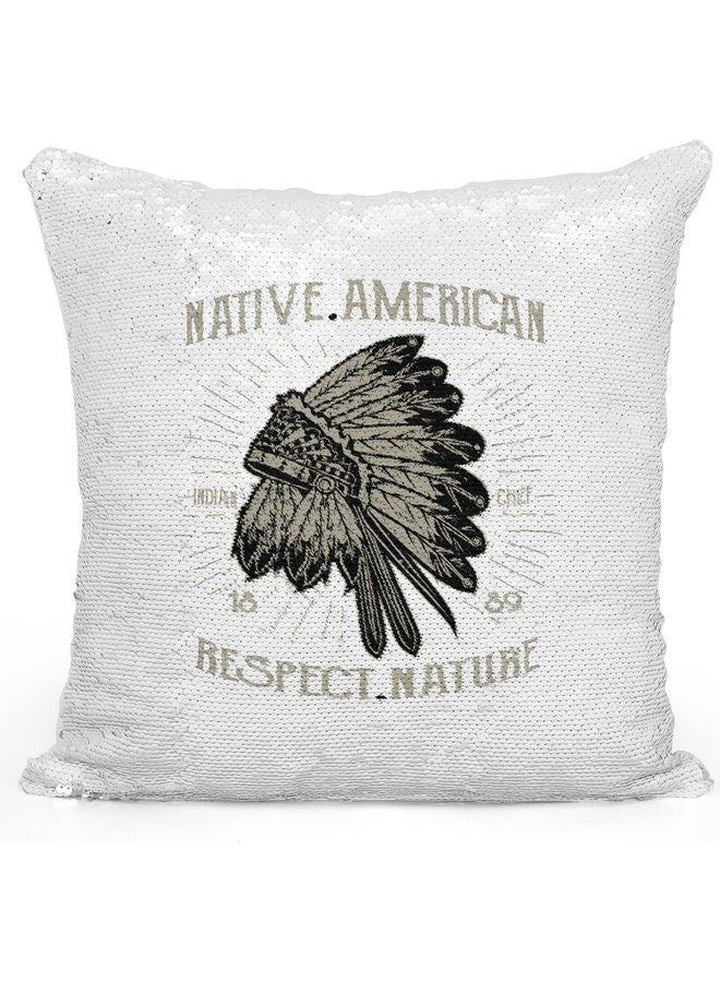 وسادة زينة مطرزة بالترتر بطبعة تحمل عبارة "Native American" أبيض/ رمادي/ فضي 40x40سم - Image 1