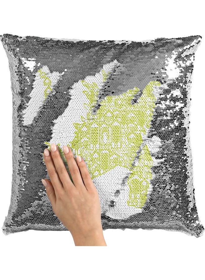 وسادة زينة للديكور مزينة بالترتر بتصميم مدينة جودزيلا أبيض/ أخضر/ فضي 40x40سم - Image 2