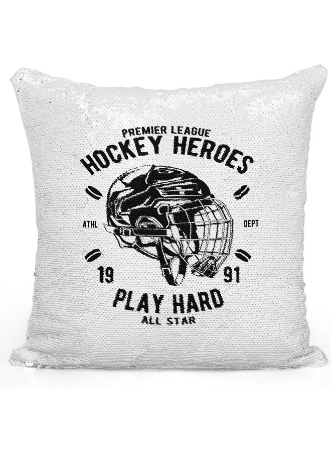 Helmet Themed Sequin Decorative Throw Pillow White/Silver/Black - Image 1