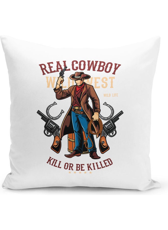 Cow Boy Themed Decorative Throw Pillow White/Brown/Blue 40x40cm - Image 1