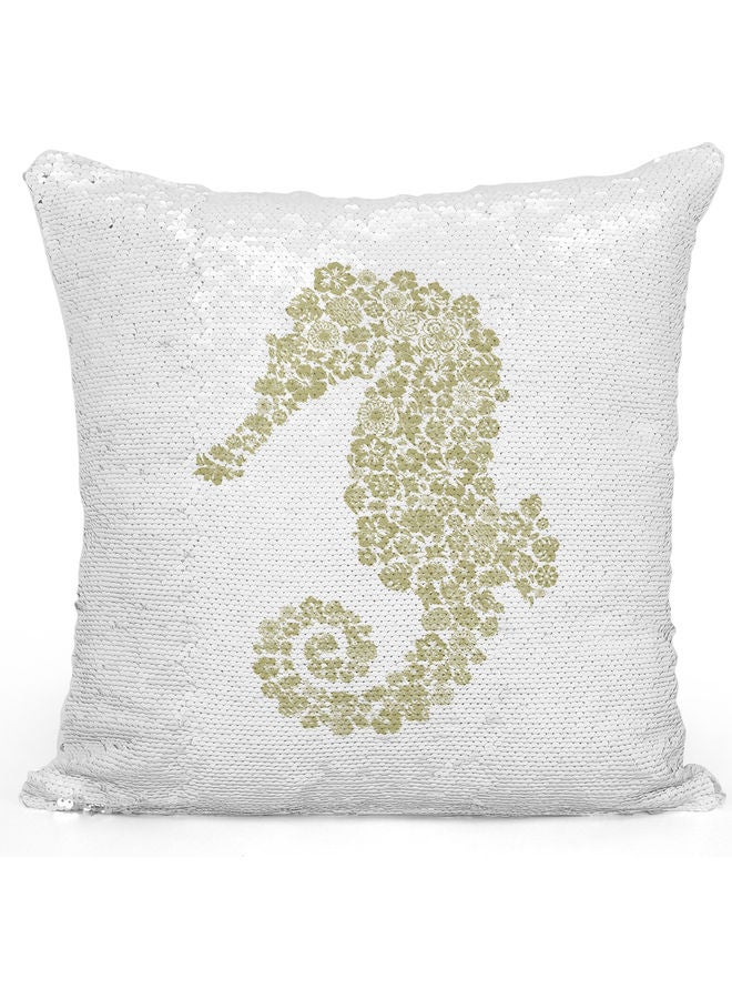 Seahorse Printed Sequin Decorative Throw Pillow White/Green/Silver 40x40cm - Image 1