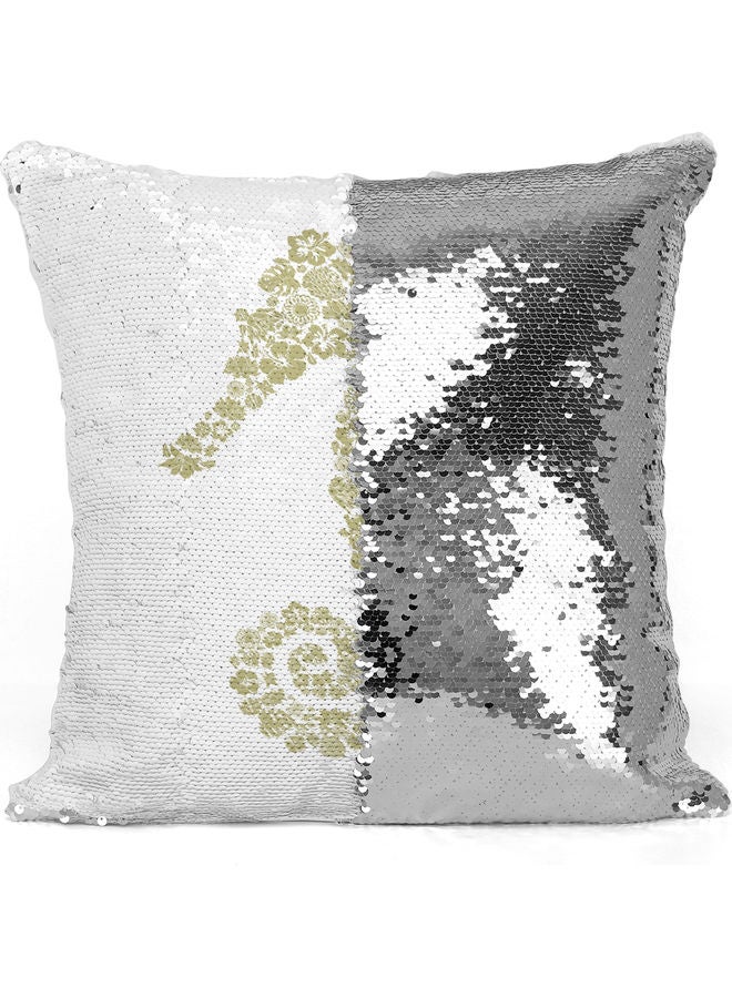 Seahorse Printed Sequin Decorative Throw Pillow White/Green/Silver 40x40cm - Image 3