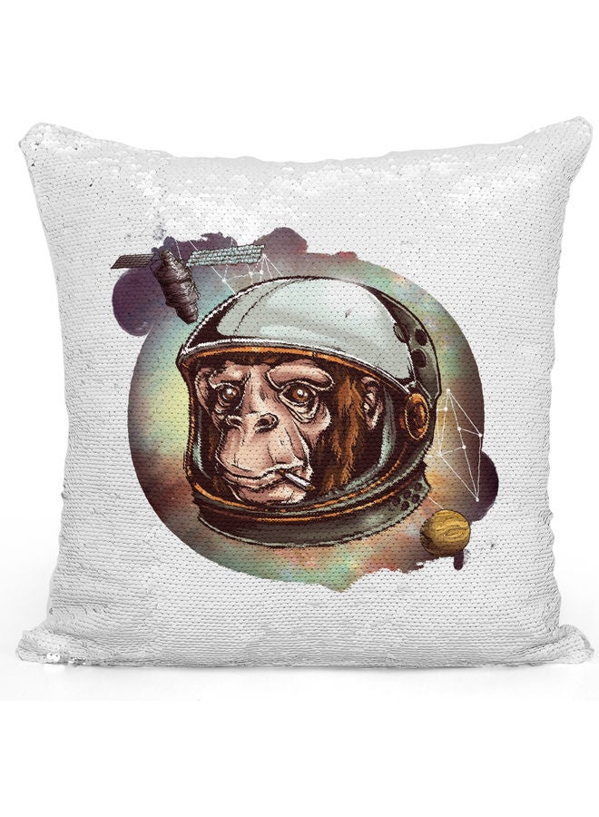 Astronaut Themed Sequin Decorative Throw Pillow White/Brown/Silver 40x40cm - Image 1