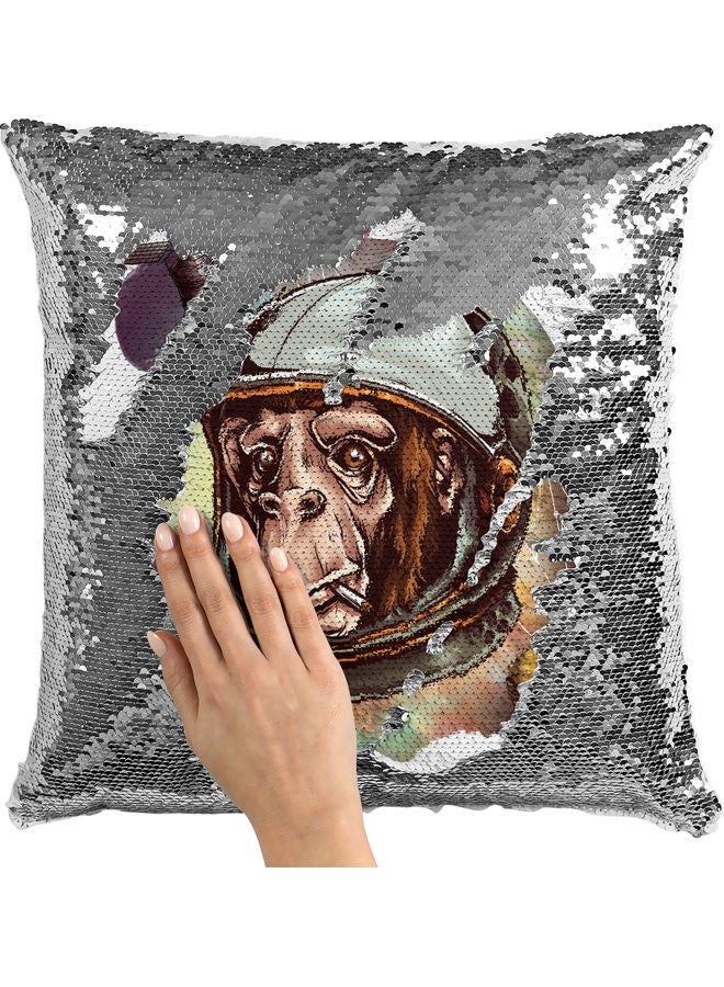 Astronaut Themed Sequin Decorative Throw Pillow White/Brown/Silver 40x40cm - Image 2