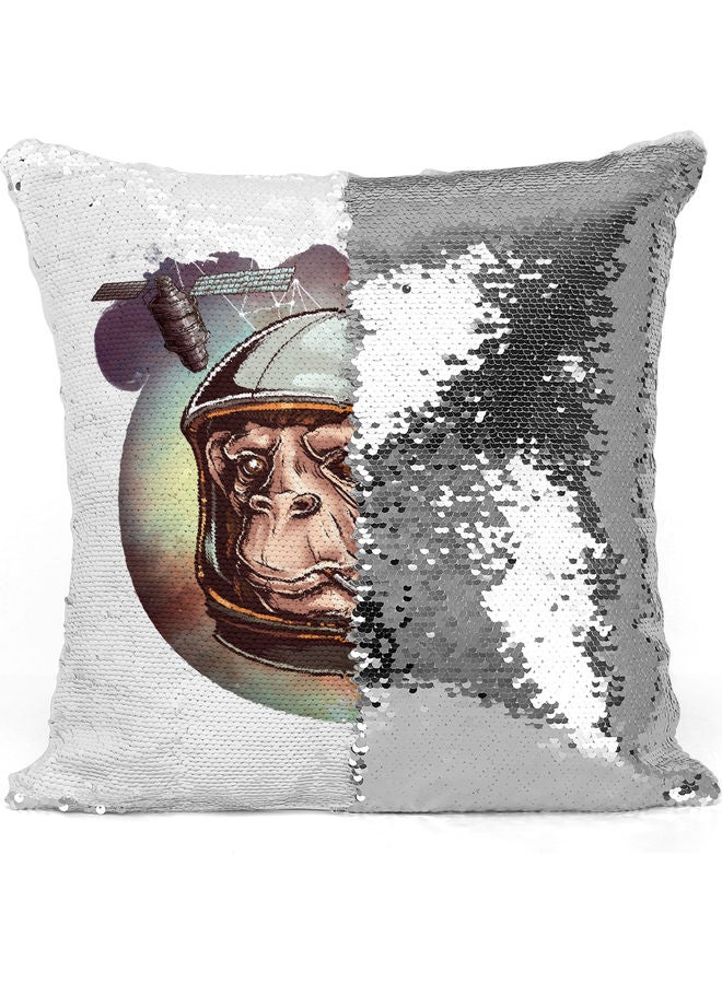 Astronaut Themed Sequin Decorative Throw Pillow White/Brown/Silver 40x40cm - Image 3