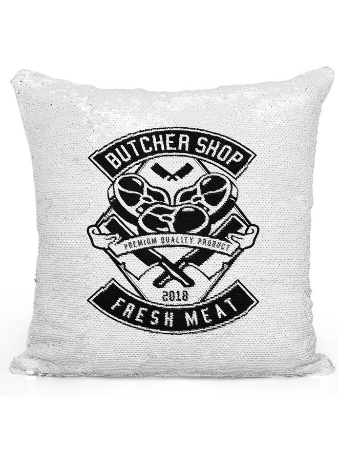 Butcher Shop Printed Sequin Decorative Throw Pillow White/Black/Silver 40x40cm - Image 1