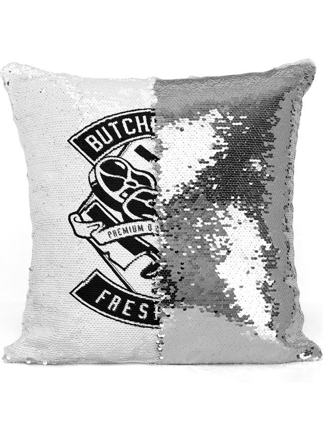 Butcher Shop Printed Sequin Decorative Throw Pillow White/Black/Silver 40x40cm - Image 3