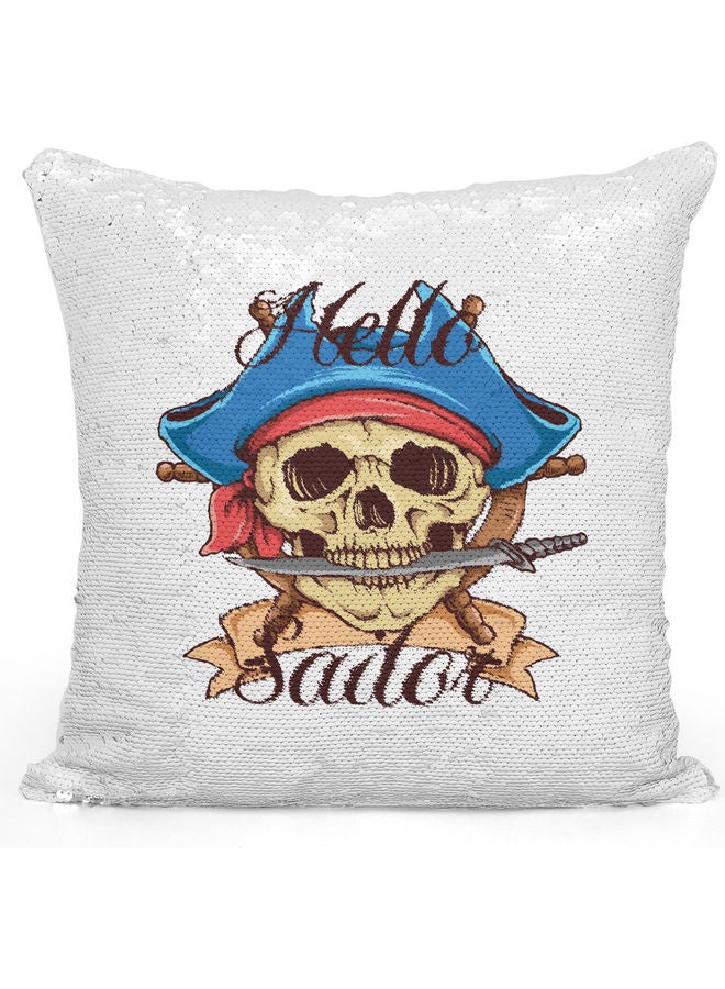 Hello Sailor Themed Sequin Decorative Throw Pillow White/Yellow/Silver - Image 1