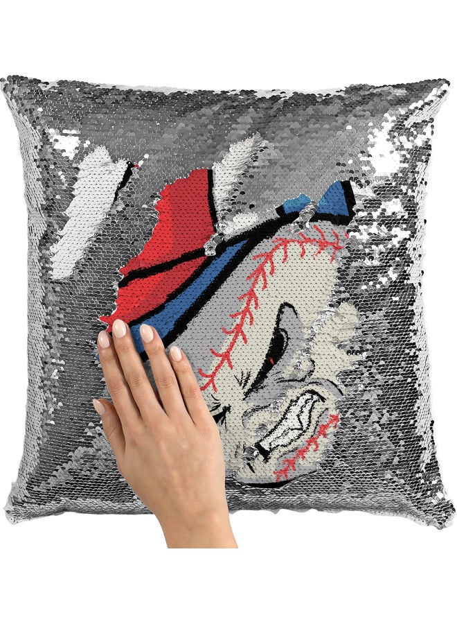 وسادة زينة للديكور مزينة بالترتر بتصميم كرة البيسبول الأمريكية أبيض/أحمر/فضي 40x40سم - Image 2