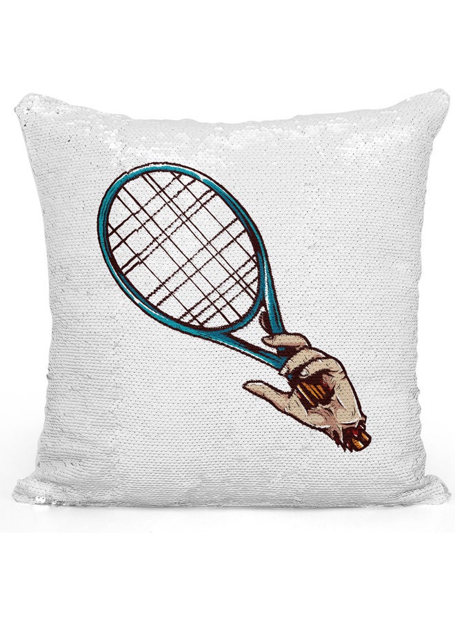 Tennis Racket Design Themed Sequin Decorative Throw Pillow White/Silver/Blue - Image 1