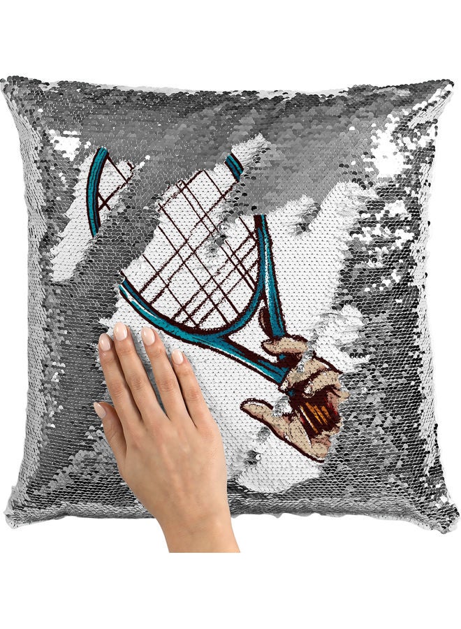 Tennis Racket Design Themed Sequin Decorative Throw Pillow White/Silver/Blue - Image 2
