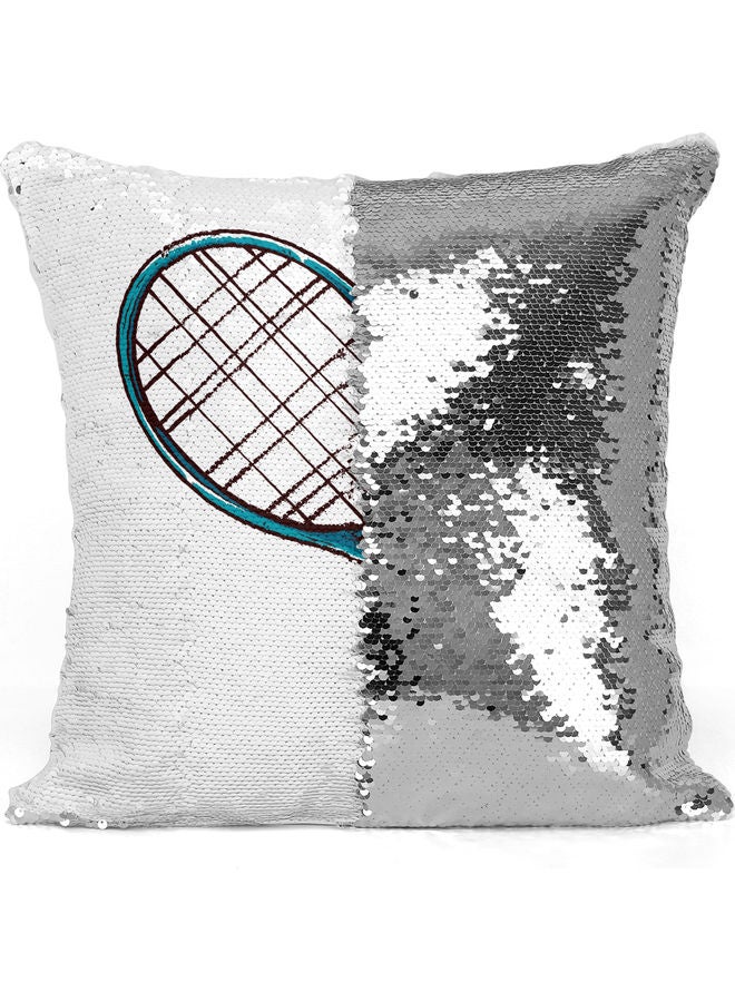 Tennis Racket Design Themed Sequin Decorative Throw Pillow White/Silver/Blue - Image 3