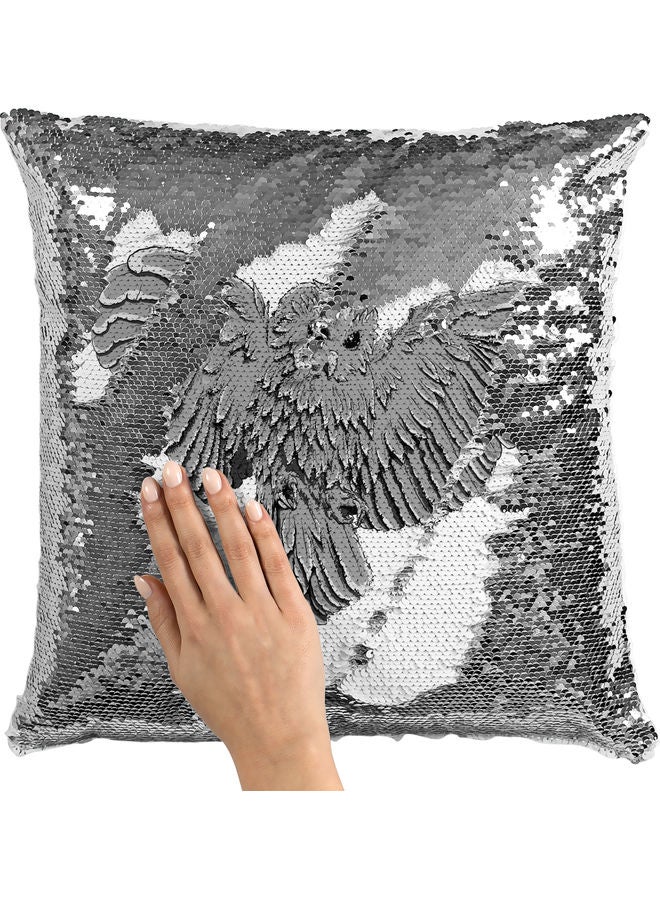 Realistic Owl Themed  Sequin Decorative Throw Pillow White/Grey 40x40cm - Image 2