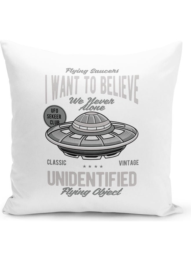 Believe In UFO Themed Decorative Throw Pillow White/Grey 40x40cm - Image 1