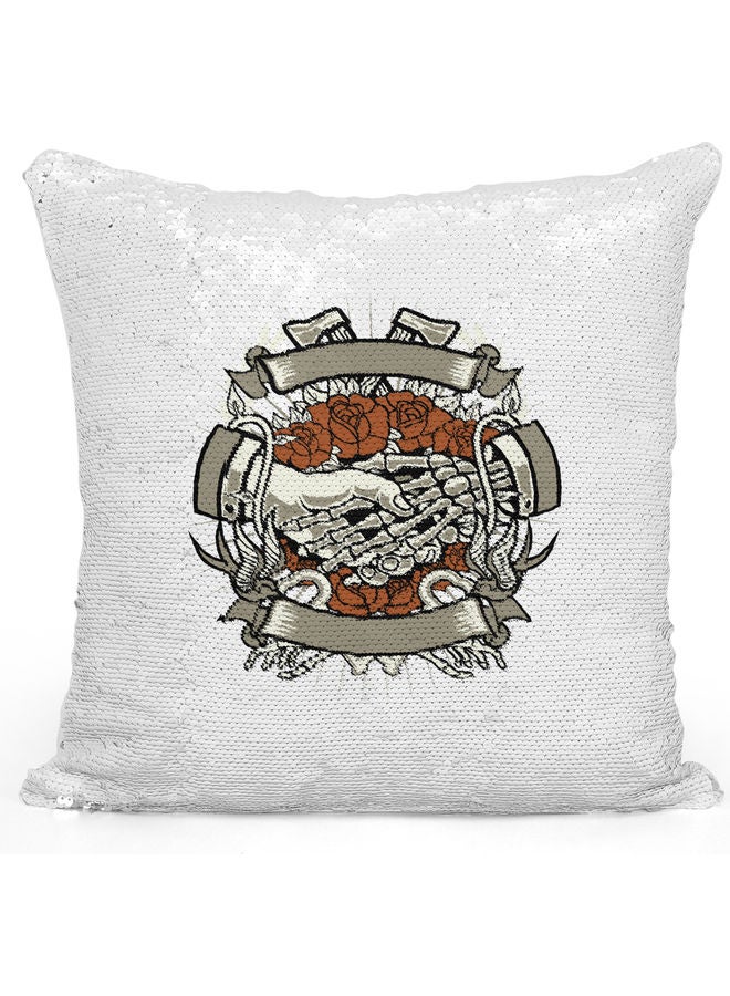 Handshake Themed Sequin Decorative Throw Pillow White/Brown/Silver 40x40cm - Image 1