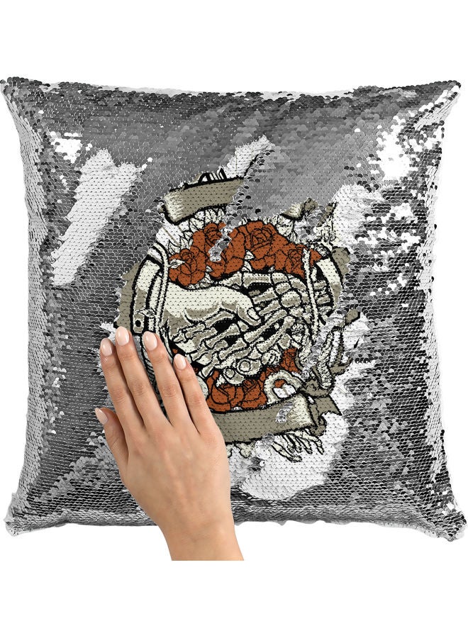 Handshake Themed Sequin Decorative Throw Pillow White/Brown/Silver 40x40cm - Image 2