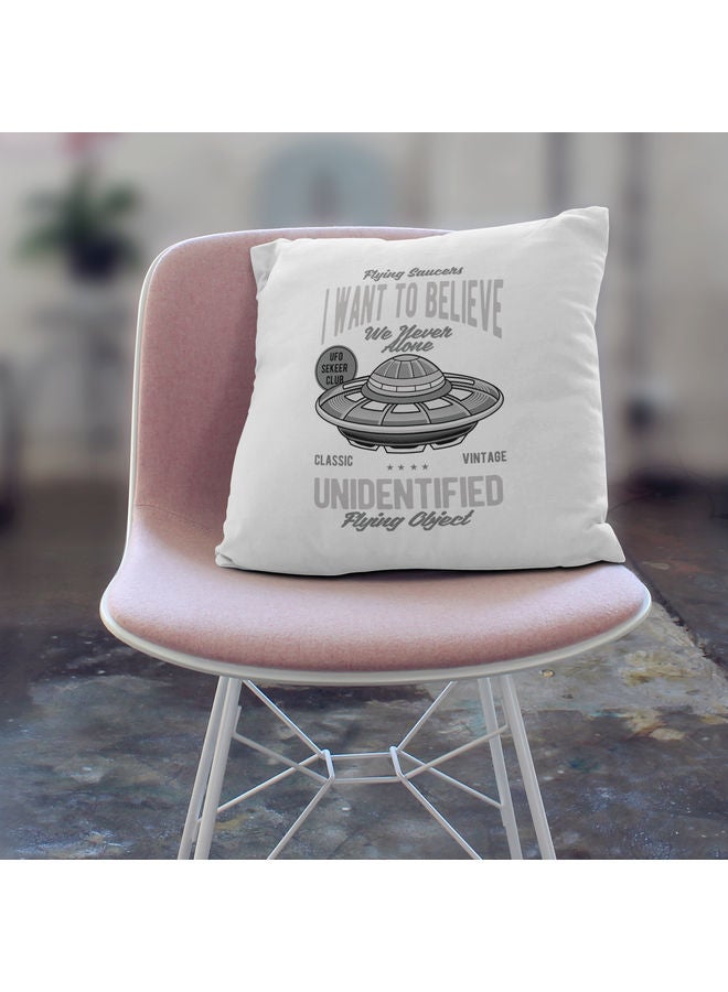 Believe In UFO Themed Decorative Throw Pillow White/Grey 40x40cm - Image 3