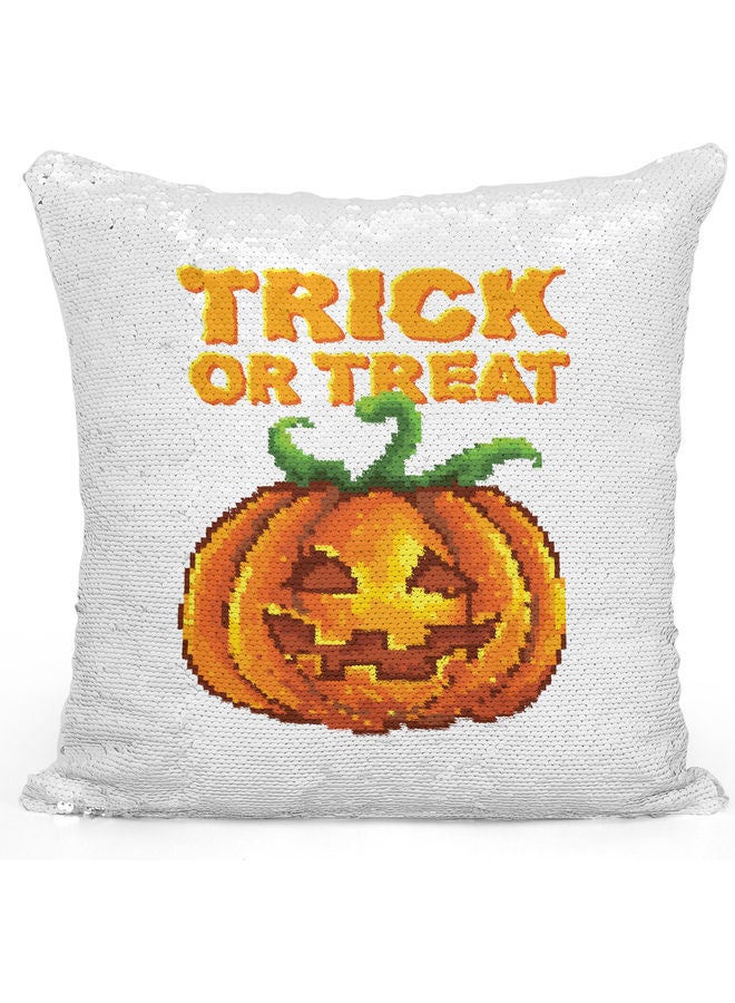 Halloween Themed Sequin Decorative Throw Pillow White/Orange/Silver 40x40cm - Image 1