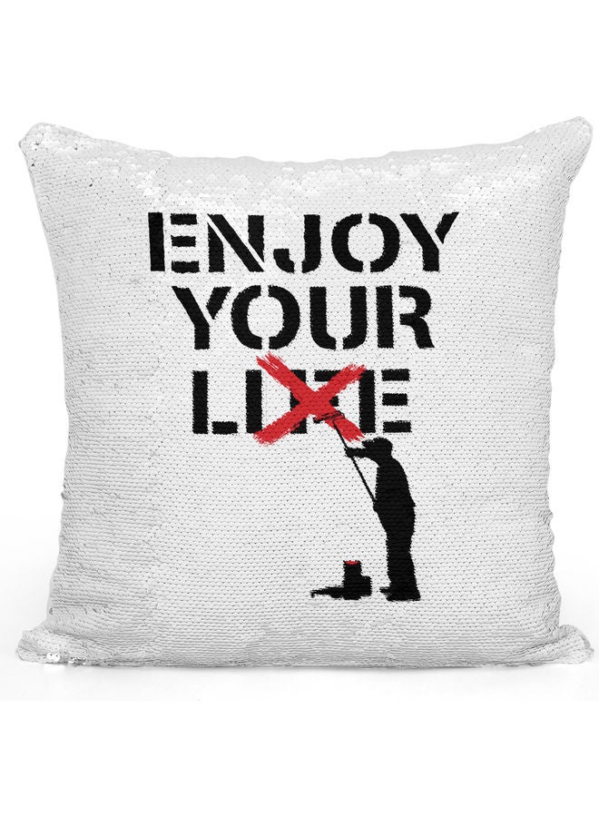 Enjoy Your Life Sequin Decorative Throw Pillow White/Silver/Black 40x40cm - Image 1
