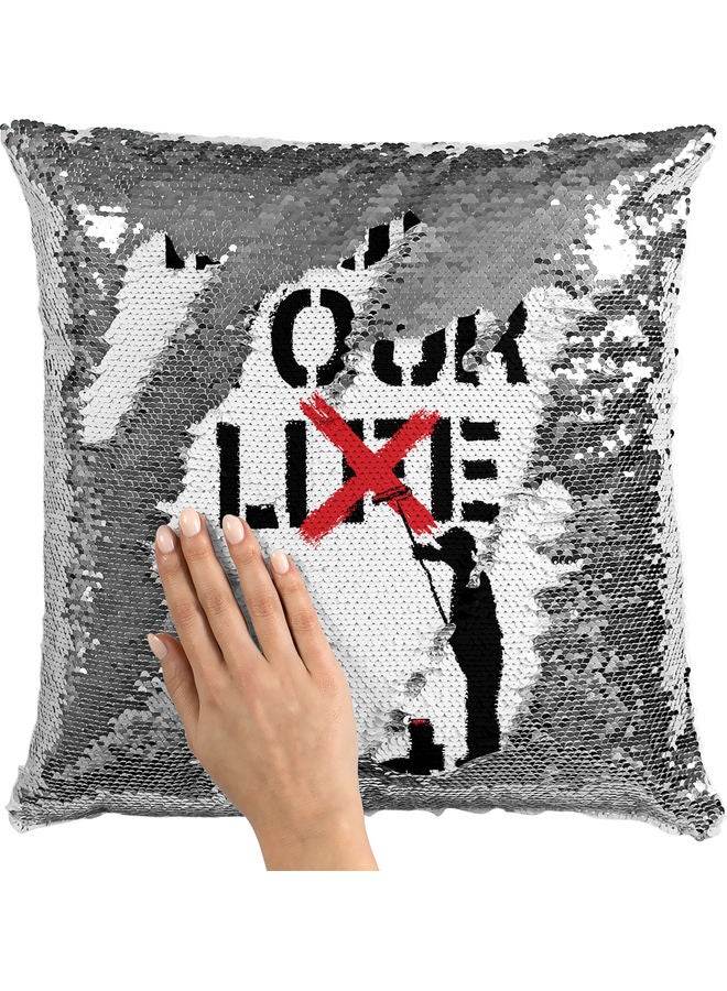 Enjoy Your Life Sequin Decorative Throw Pillow White/Silver/Black 40x40cm - Image 2