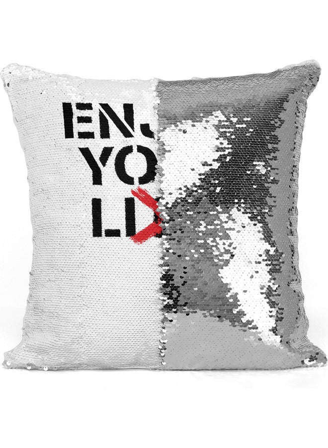 Enjoy Your Life Sequin Decorative Throw Pillow White/Silver/Black 40x40cm - Image 3