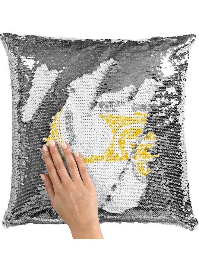 وسادة زينة للديكور مزينة بالترتر وتصميم سكوتر أبيض/ أصفر/ فضي 40x40سم - Image 2