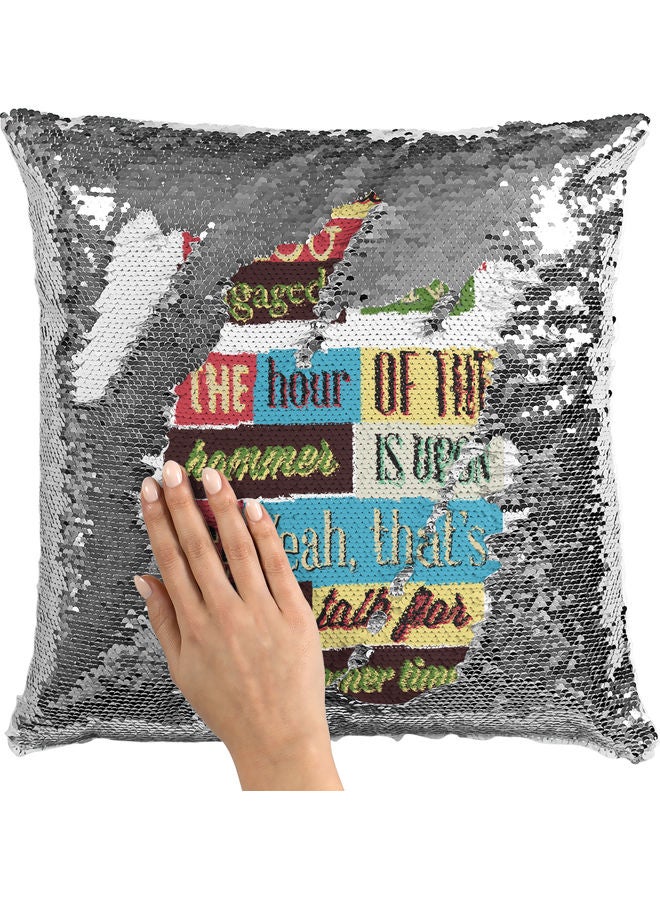 Hammer Time Themed Sequin Decorative Throw Pillow White/Blue/Silver 40x40cm - Image 2