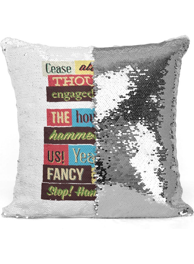 Hammer Time Themed Sequin Decorative Throw Pillow White/Blue/Silver 40x40cm - Image 3